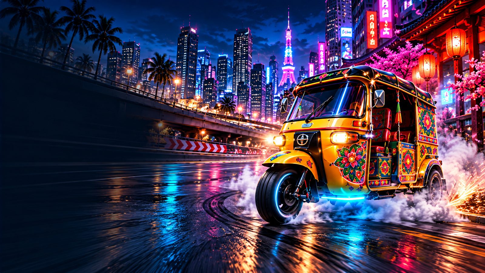 A neon truck-art rickshaw drifting through Tokyo at night